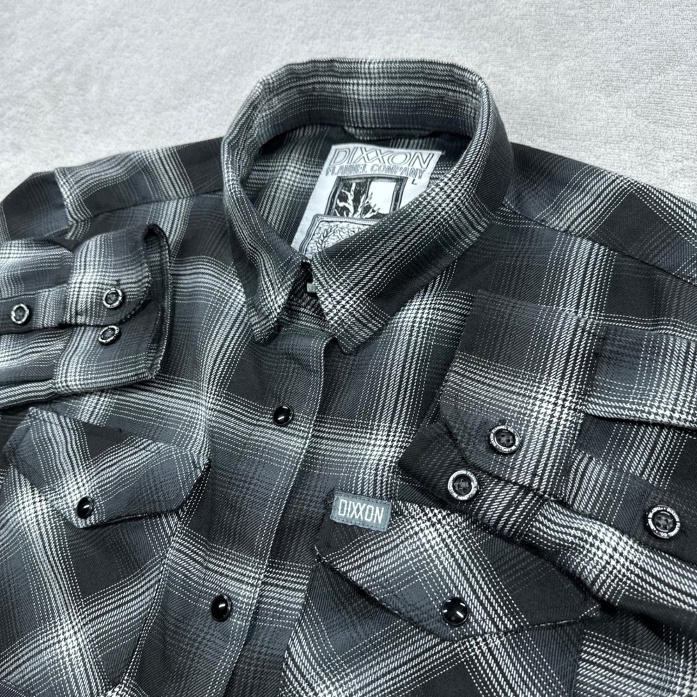 Dixxon Flannel Co Shirt Womens Large Black Grey Plaid The Static D-Tech Grunge